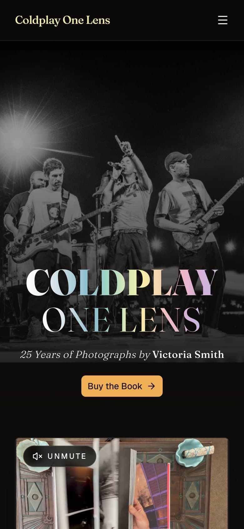The coldplayonelensbook.com home page on a phone